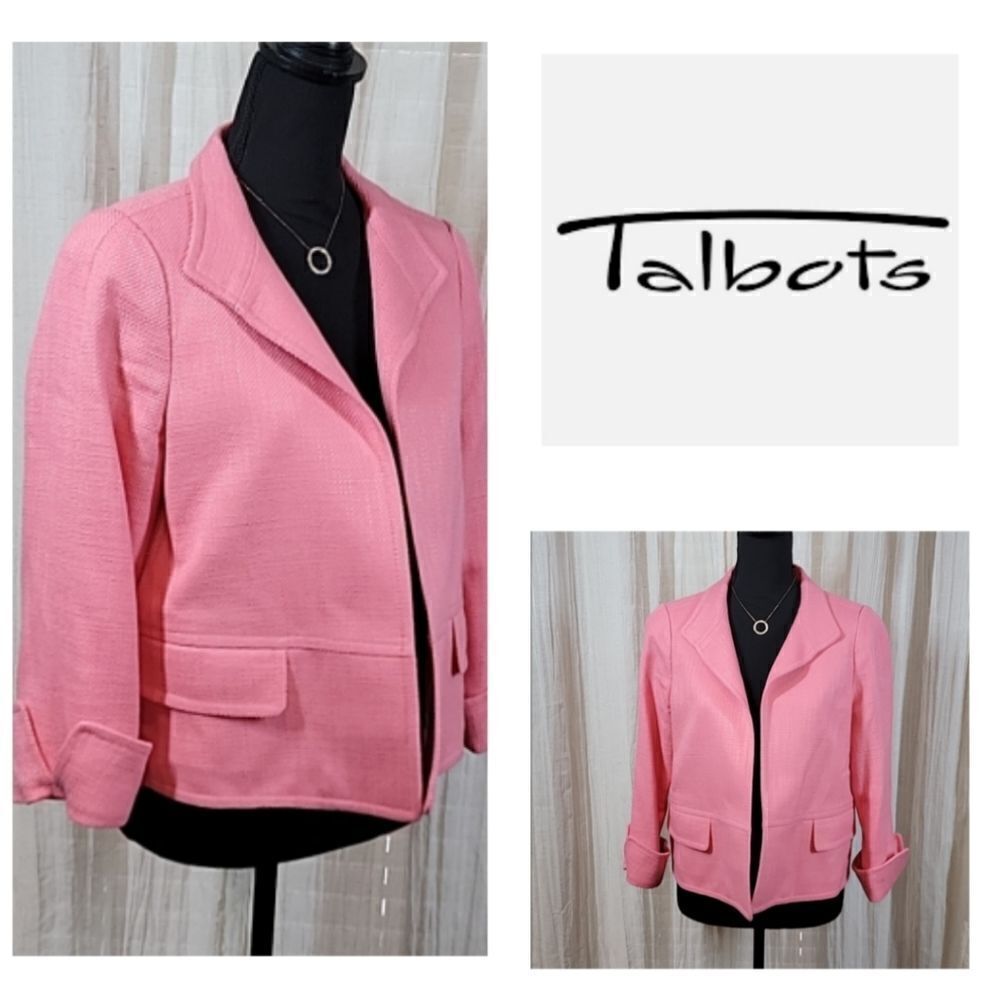 Talbots Pink Textured 3/4 Sleeve Open Front Blazer